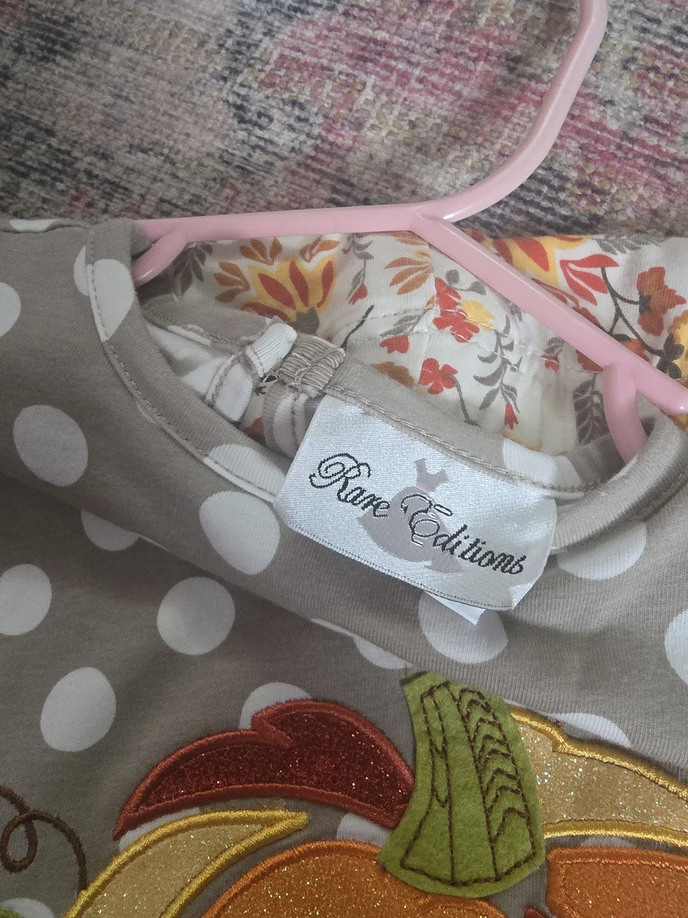Rare Editions Taupe Polka Dot Pumpkin Top & Autumn Floral Ruffle Pants 18M